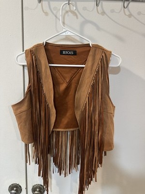 NoLess Women's Brown Fringe Open Front Sleeveless Short Western Vest Size M