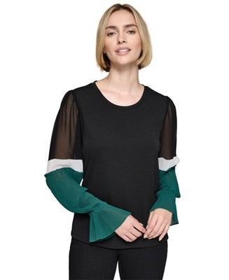 Karl Lagerfeld Paris Colorblocked-Sleeve Top Women's M Black Round Neck Pullover
