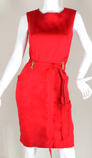 {ELLEN TRACY} Dress Red Sheath Sz. 8 Wood/Gold Hardware Stretch Lined Zip Tie
