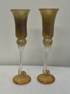 Bri'oni Art Glass Mottled Amber Champagne Flute Wine Glass Signed 12 