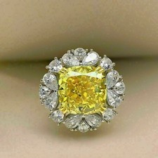 4Ct Cushion Lab Created Citrine Halo Women's Wedding Ring 14K White Gold Plated