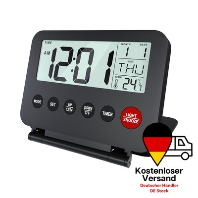 Reisewecker Klappbar Digital, Tragbarer Wecker für Reisen Digitale Uhr - Schwarz