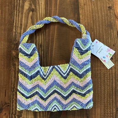 Handcrafted Beaded Chevron Shoulder Bag Blue Green Yellow Pink Top Handle