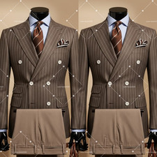 Business Striped Men Suits Double Breasted Peak Lapel 2Pcs Office Jacket Tuxedo