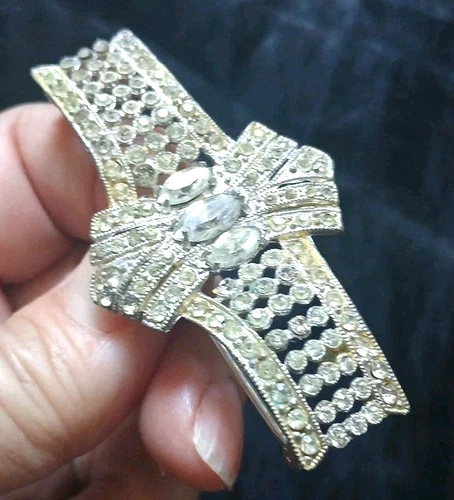 Vtg  2.5" RHODIUM PLATE RHINESTONE PIN BROOCH Openwork Costume Jewelry Antique