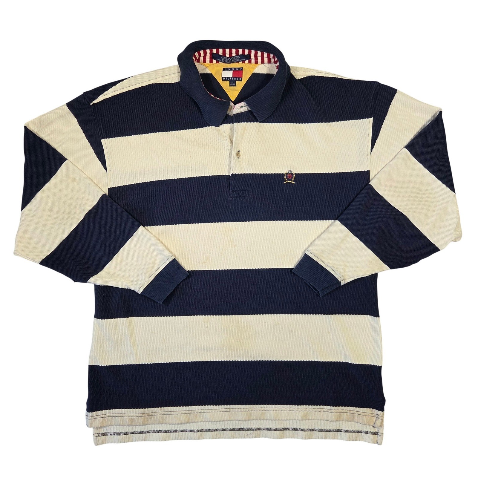 Tommy Hilfiger Vintage 90s Rugby Shirt Mens XL Navy Striped Long Sleeve Grunge