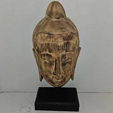 Hand Carved Wood Buddha Head Statue Bust on Black Stand Rustic Asian Decor