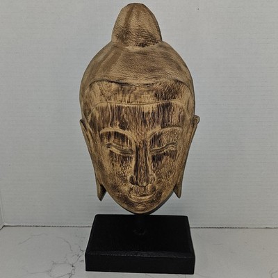 Hand Carved Wood Buddha Head Statue Bust on Black Stand Rustic Asian Decor
