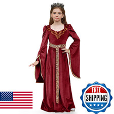 Wine Red Velvet Renaissance Gown for Girls Long Sleeves Full Length Ball Gown Pr