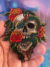 Embroidered Skull Snake Rose Patch Iron On   Biker Gothic Tattoo Style Rock