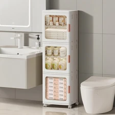 3-Tier Slim Bathroom Storage Cabinet with Doors and Movable Wheels Plastic Or...