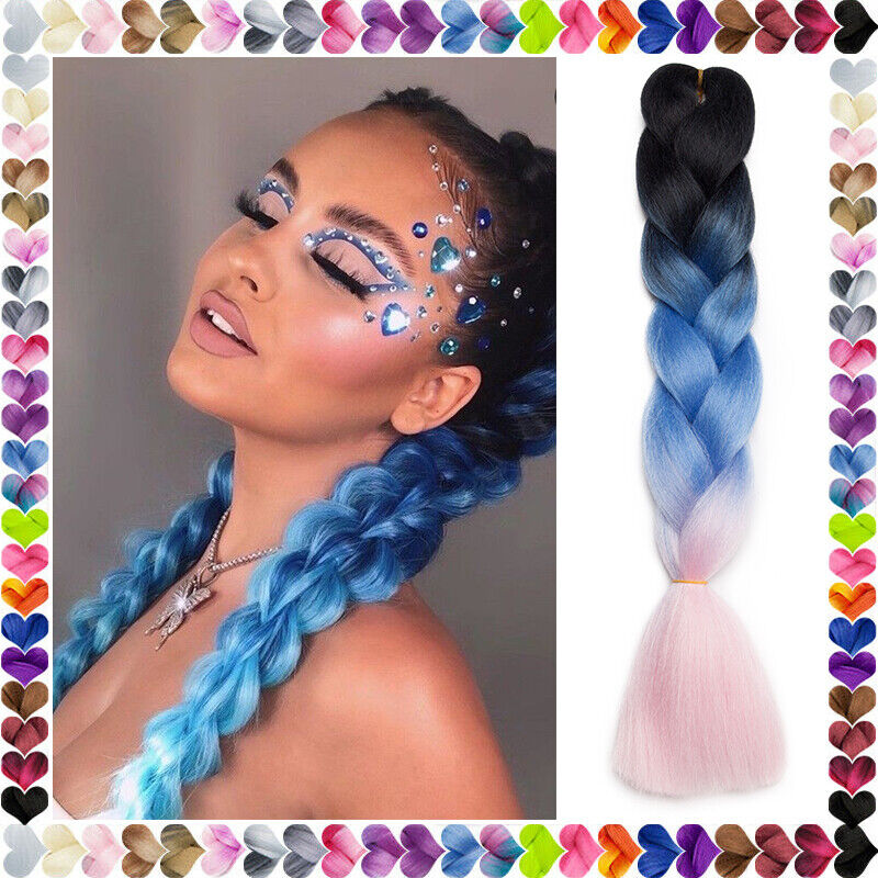 Kanekalon Ombre 4 Colors Mix Braiding Hair 3pcs Extensions Jumbo Hair  Rainbow Color Colorful Twist Braid wigs Dreadlocks ( Pink  /Purple/Green/Blue/ Light Cyan) (Lot 24Inch) ps18