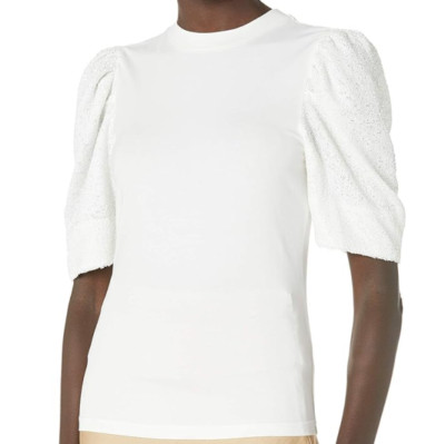 NWT - Cinq à Sept 'Kendra' Sequin-Sleeve Stretch Tee Shirt Top, Ivory - XSmall