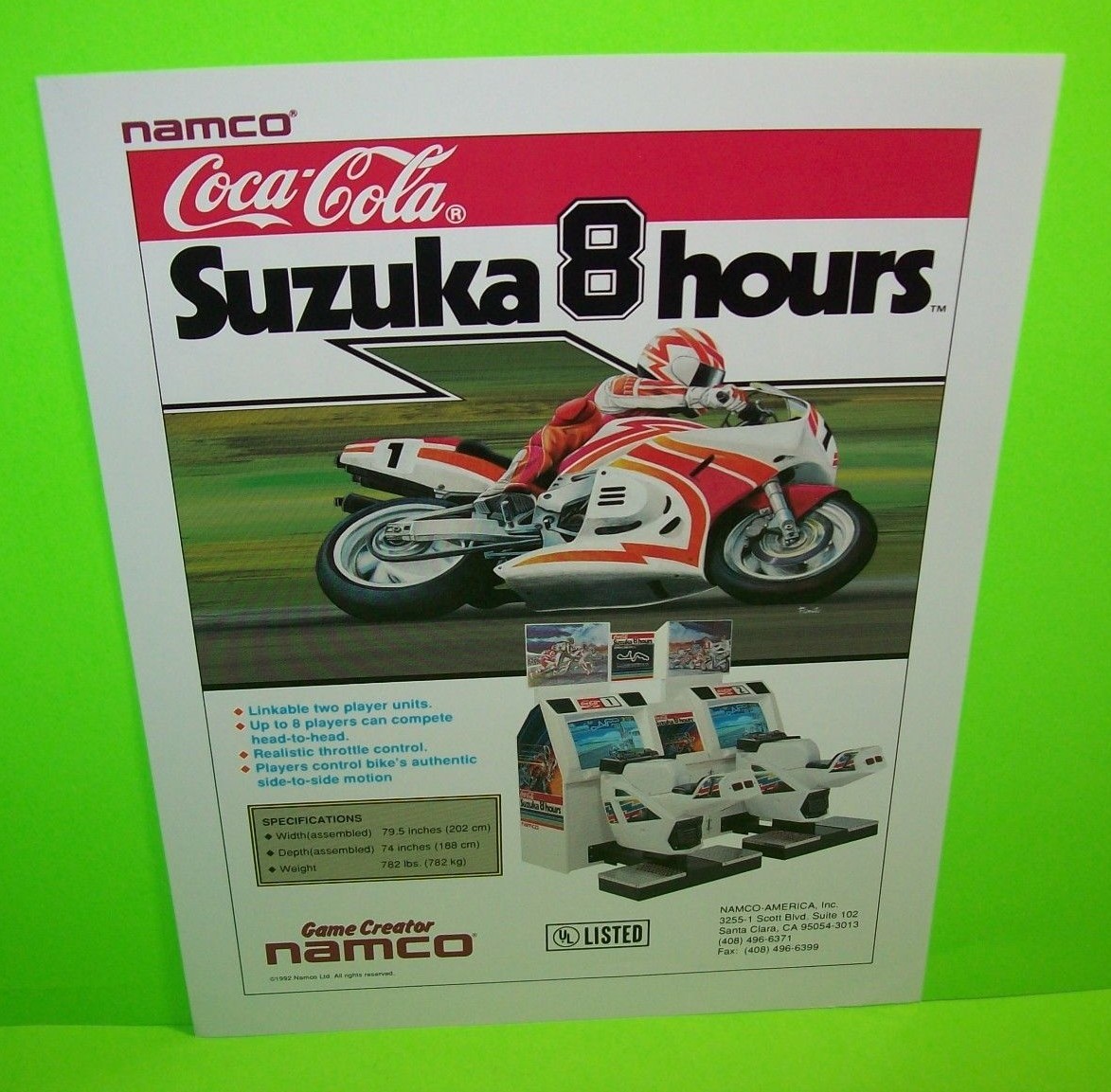 Suzuka 8 Hours Arcade Flyer Original 1992 Coke Motorcycle Game