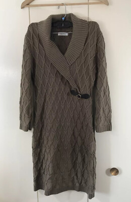 calvin klein ribbed sweater dress Calvin Klein Women's Shawl Collar Knit Ribbed Sweater Dress Long Sleeve  Brown M