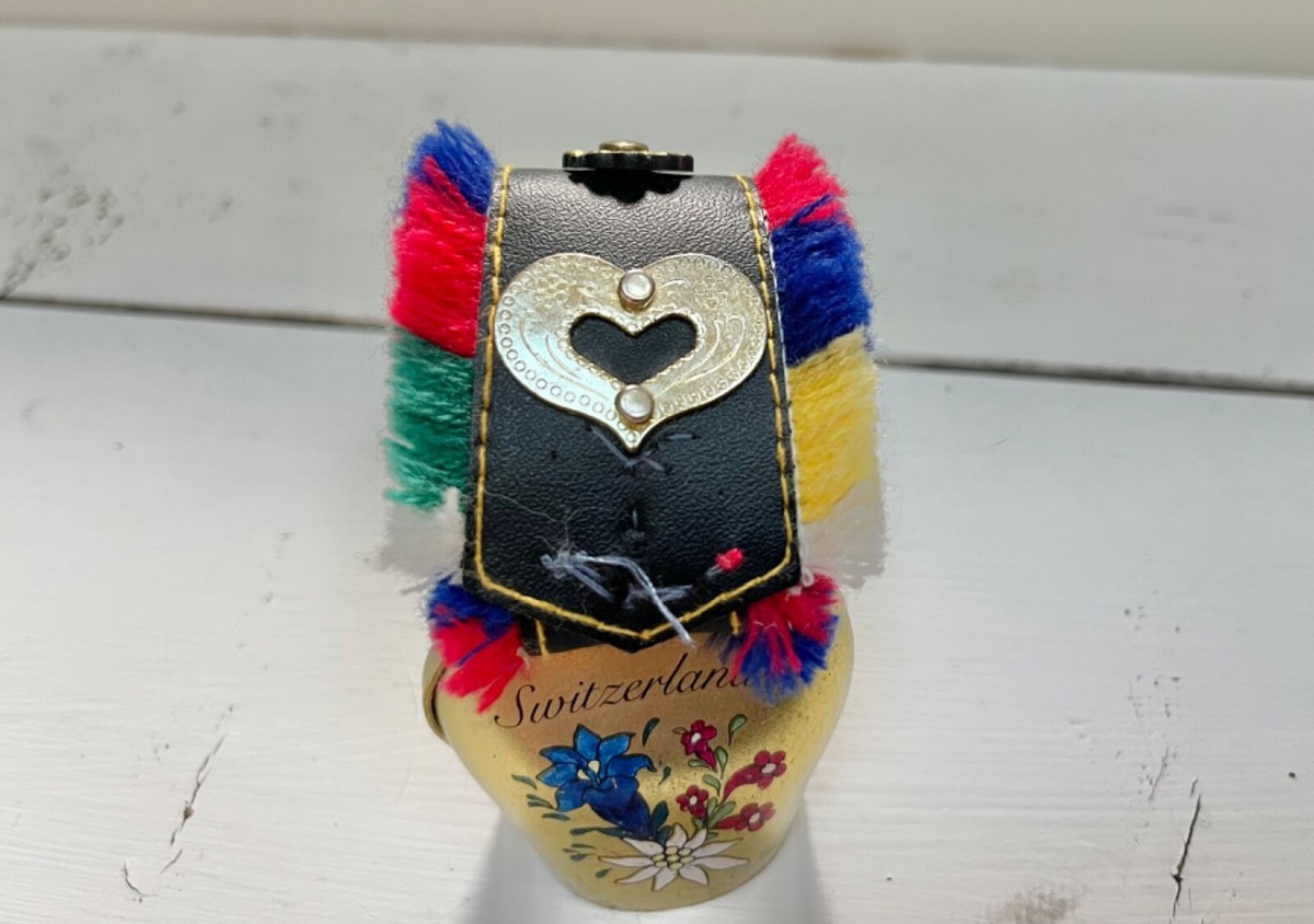 Vintage Swiss Cow Bell Switzerland Brass Leather Strap Fringe