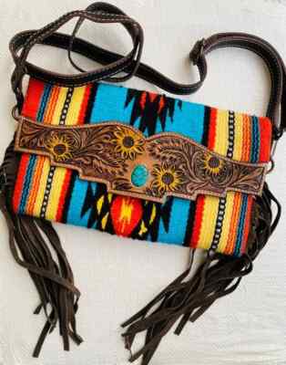 Turquoise Stone Aztec Bag- Fringe Genuine LEATHER Strap and  display picture 1