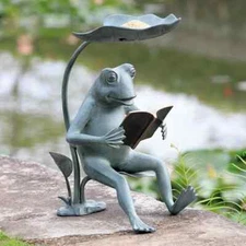 Garden Decor Reading Frog Birdfeeder with LED Light