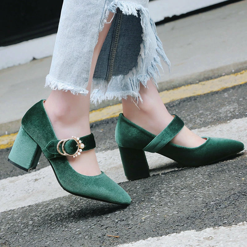 Women Mary Janes Ankle Strap Shoes Pointed Toe Mid Block Heel Buckle Velvet Pump