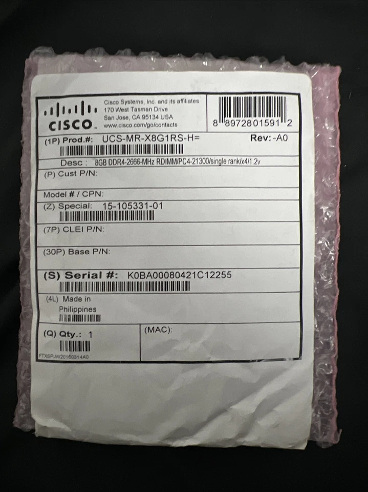 Cisco 8GB DDR4-2666-MHz RDIMM/PC4-21300/1R/x4 | UCS-MR-X8G1RS-H - Image 3 of 3
