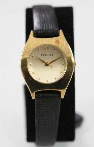 Folio Donna Orologio Oro Acciaio Inox Nero Pelle Batteria Wr Champagne