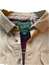 Woolrich Shirt Jacket Mens M Khaki Flannel Lined Plaid Green Label Shacket Tan