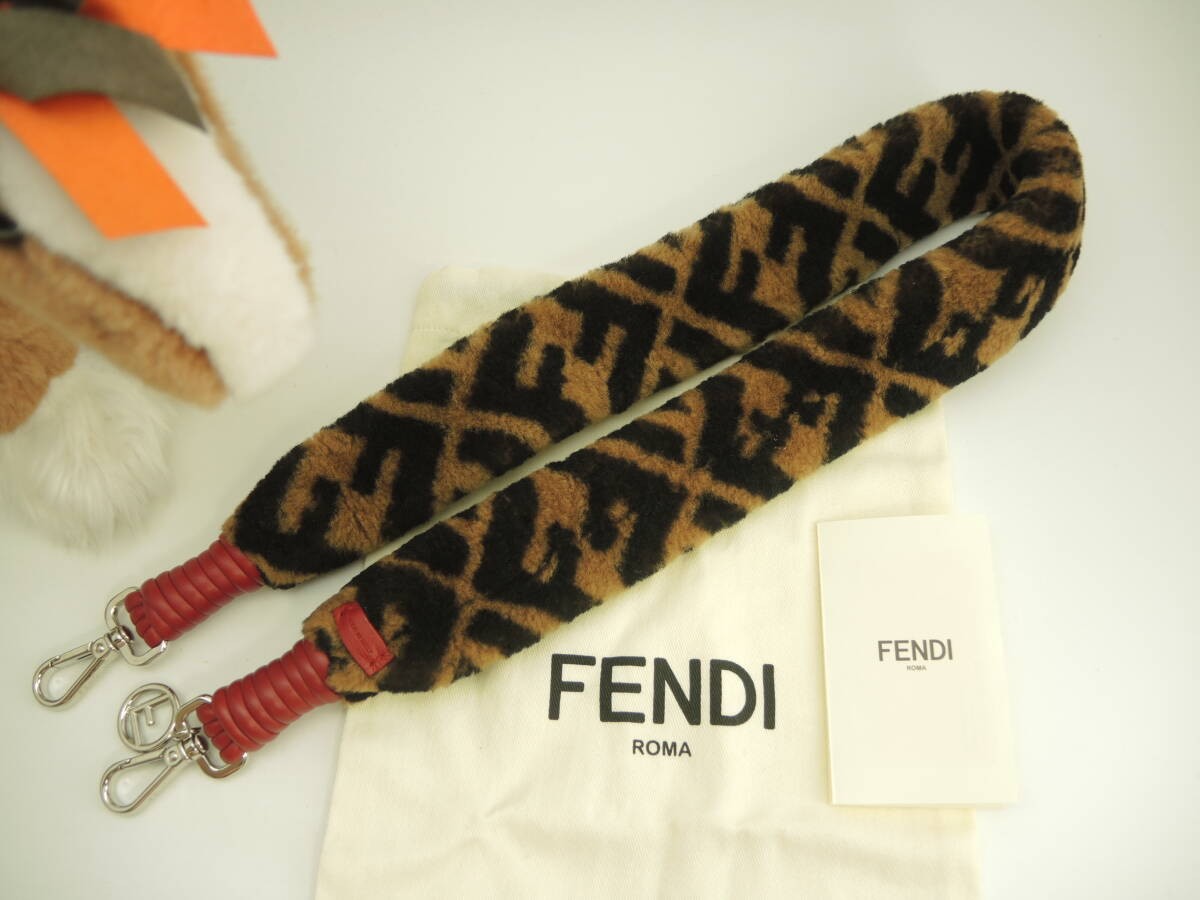 RARE FENDI Long Shoulder Strap FF Motif Mouton Brown Black Thick Excellent Condi