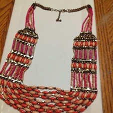 Pink/Orange Multi-Strand Beaded Bib Statement Necklace Cable Chain Lobster Clasp