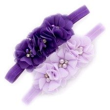 Girls Flower Headbands Toddler Fabric Beaded Trio Stretchy Elastic Pair Purpl...