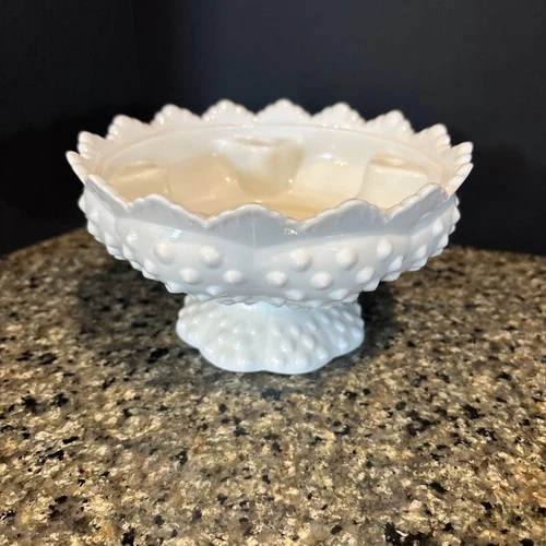 Vintage Fenton Hobnail Milk Glass Candlestick Holder Bowl Art Glass MCM