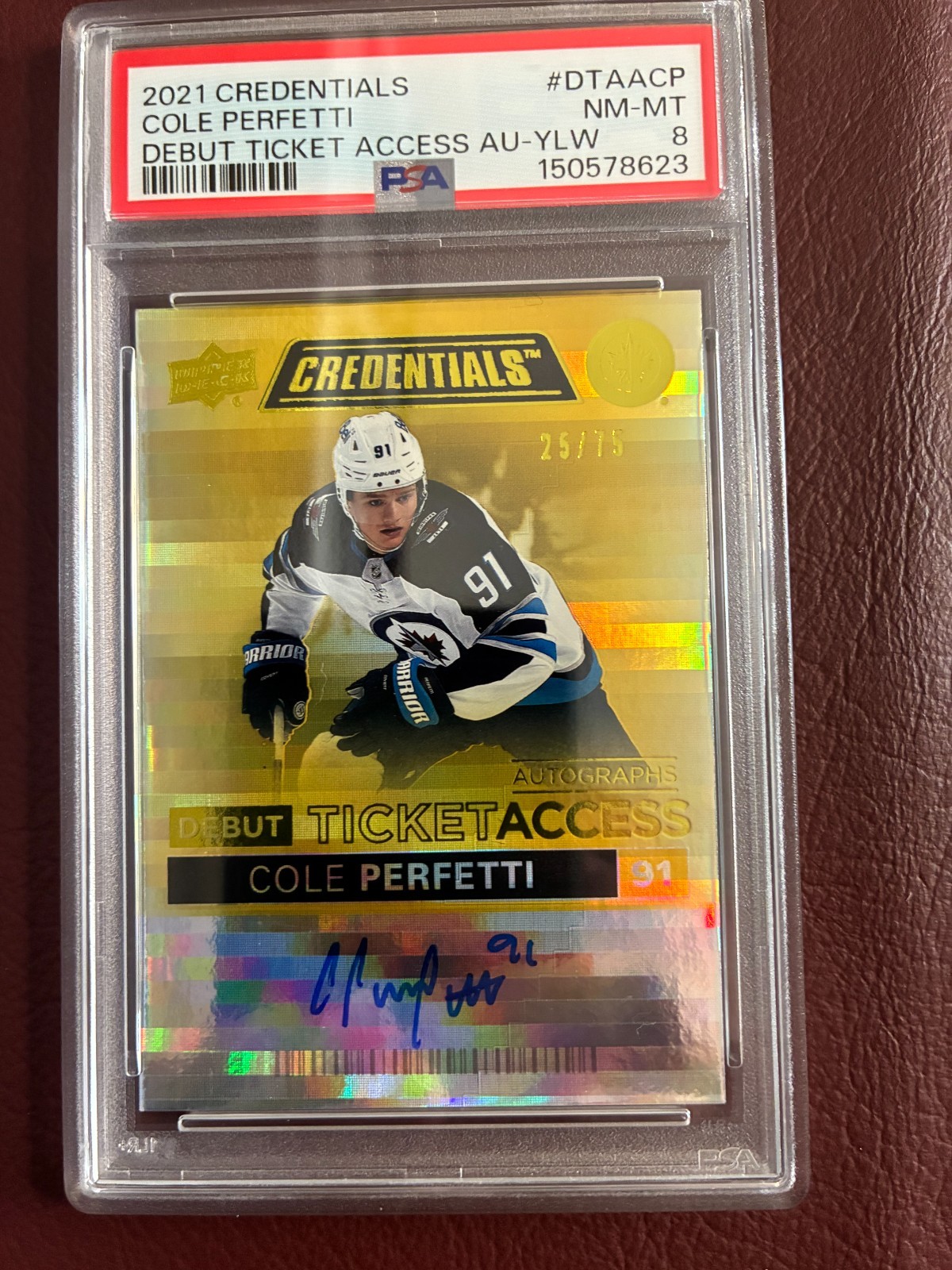 2021-22 Upper Deck Hockey Credentials Cole Perfetti Auto */75 PSA Graded view 1