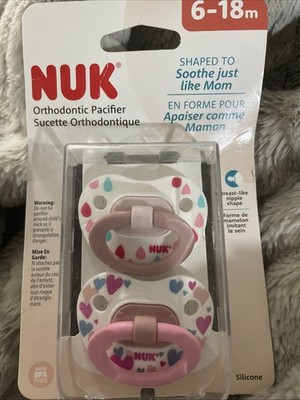 NUK 2 Pack Orthodontic Pacifiers Pink White 6-18M Heart Design BPA FREE Soothe