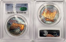 SET! 1887 Morgan Dollar $ PCGS MS65 CAC Electric Blue Fiery Sunset Toned PQ GEM