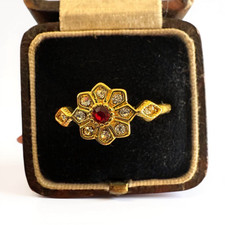 Gold Daisy Ring Red Faux Ruby Crystal Flower Art Deco Vintage Style 1920s dainty