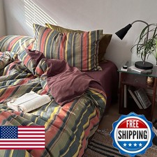 VM VOUGEMARKET Red Green Striped Duvet Cover Full Size Stylish Farmhouse Style