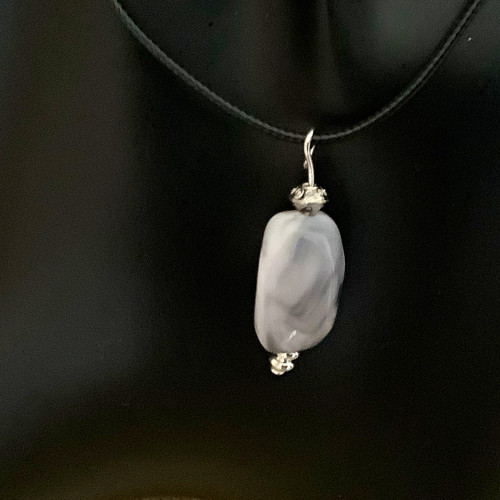 Silver Plated Adjustable Black Cord Necklace with White/Grey Oval Stone Pendant