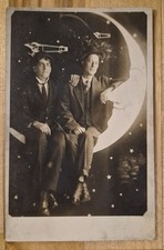 RPPC Paper Moon Stars Comet Airplane Handsome Men Gay Interest Studio Postcard