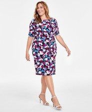 Kasper Plus Size 16W Printed Gathered Sheath Dress Blue Black Blue Pink SALE $99