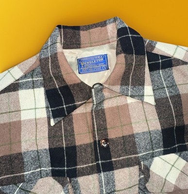 VTG 1960's Pendleton Wool Board Shirt Loop Collar Button Plaid Men's Small
