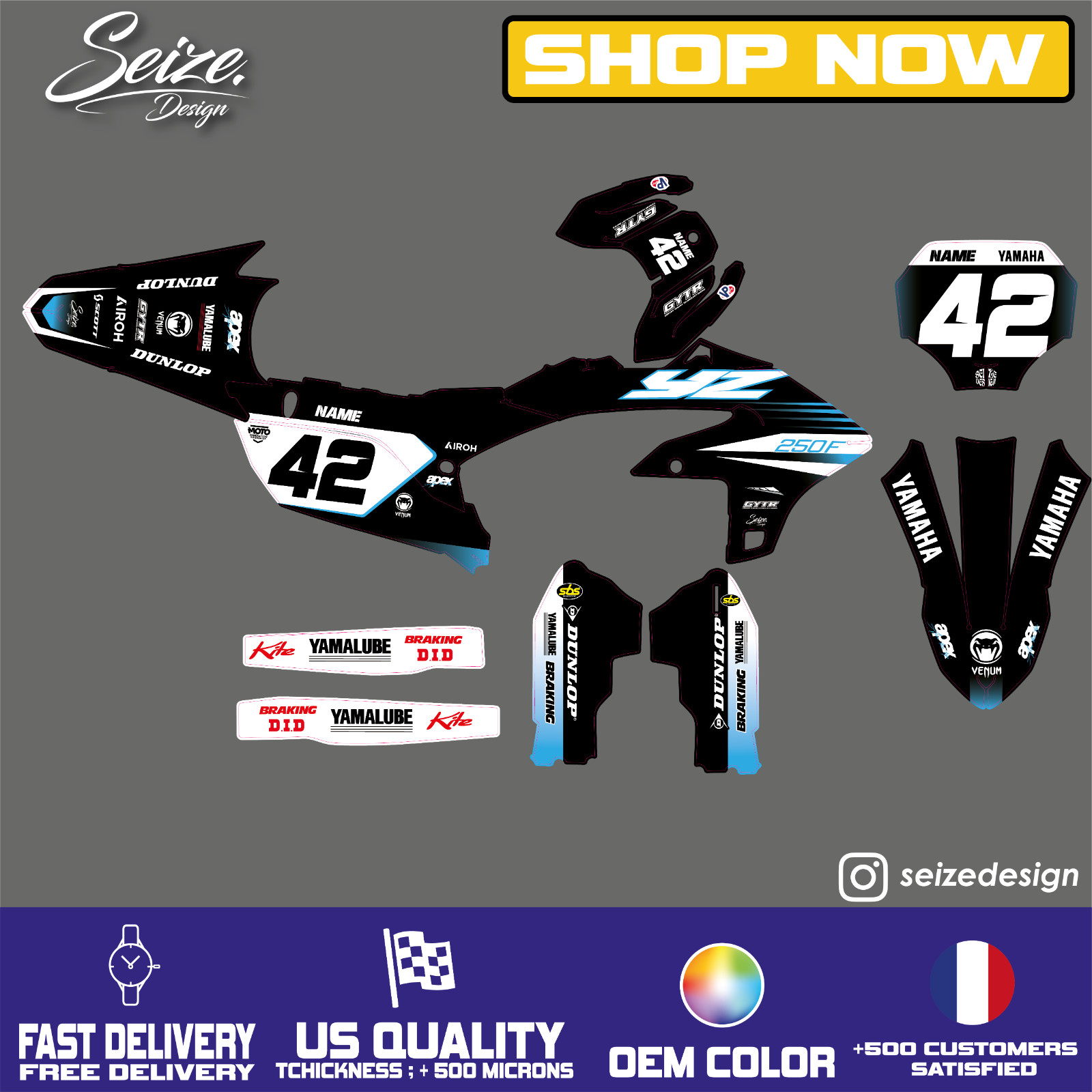 Kit déco noir Yamaha YZ YZF 2025 autocollants type origine pour moto 125 250 Seize