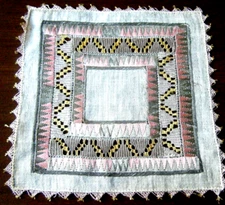 Antique Doily linen Darned lace &silk Bargello embroidery h done &bobbin lace