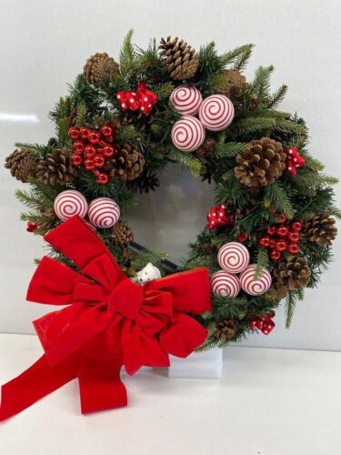Christmas Wreath with Red and White Baubles and Red Bow 50cm