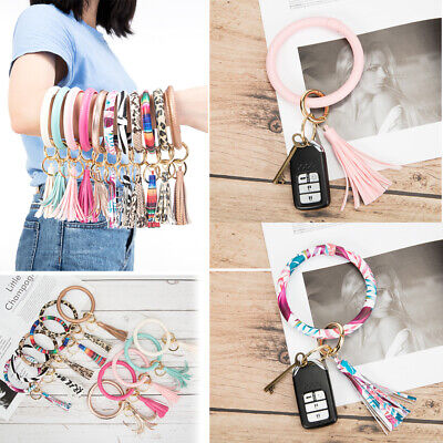 Leather Tassel O Circle Key Chain Women Wristlet Keychain Ring Strap Key  Holder 