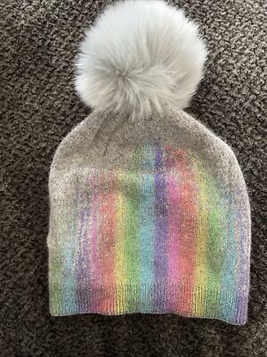 Adrienne Landau Metallic Rainbow Faux Fur Pom Beanie NWT ADRIENNE LANDAU Beanie Knit Metallic Rainbow Faux Fur  main image 2