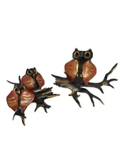 2 Vintage Metal Sculpture Owl Wall Art Hanging Picture Copper Brass MCM gift