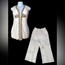 60s Boho Crochet Set XS/S Handmade 2-Piece Vest Pants with Gold Embellishment