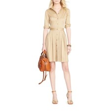 NWT LAUREN SAND DUNE ESSENTIALS $144 KHAKI SATEEN PLEATED SHIRT-DRESS Wom 61096