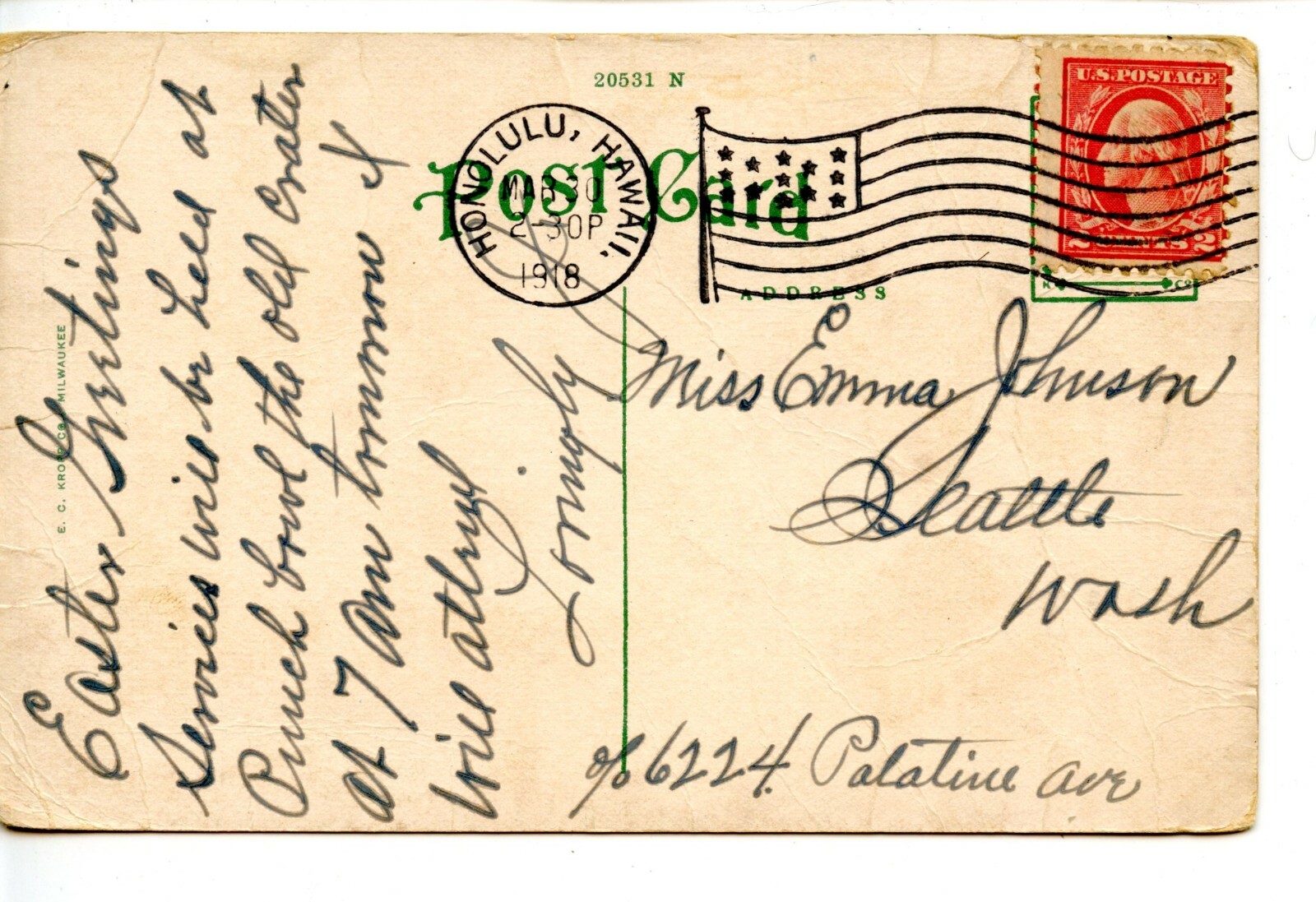 Alexander Young Hotel BuildingHonoluluHawaiiVintage W/B 1918 Postcard