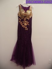Women's Sleeveless Purple Evening Ball Gown Purple Peacock Gold Detail