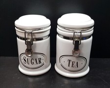 VINTAGE TEA SUGAR WHITE CERAMIC STORAGE CANISTERS JARS AIRTIGHT WITH HINGED LID